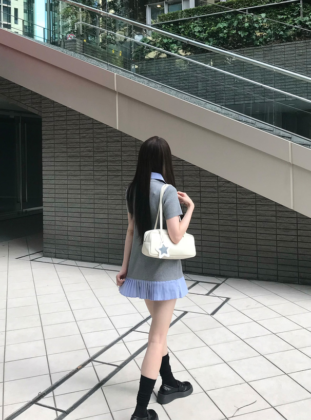襟付プリーツニットミニワンピース