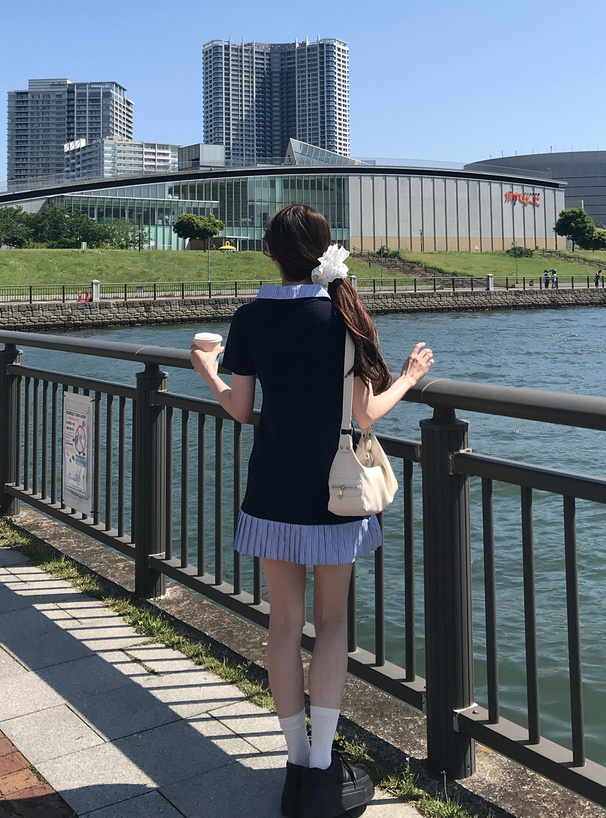 ストライプ柄襟付プリーツニットミニワンピース