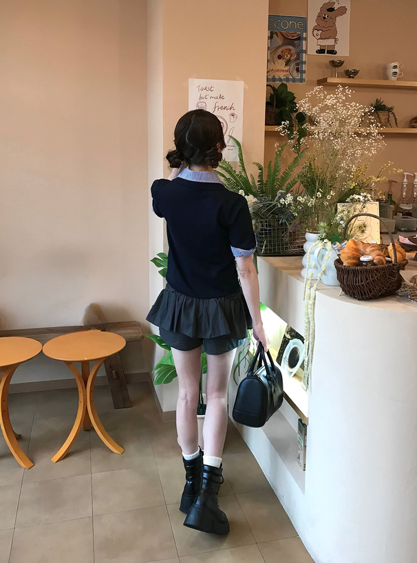 ストライプ襟付きロゴ刺繍ニットトップス[kz676] | レディース