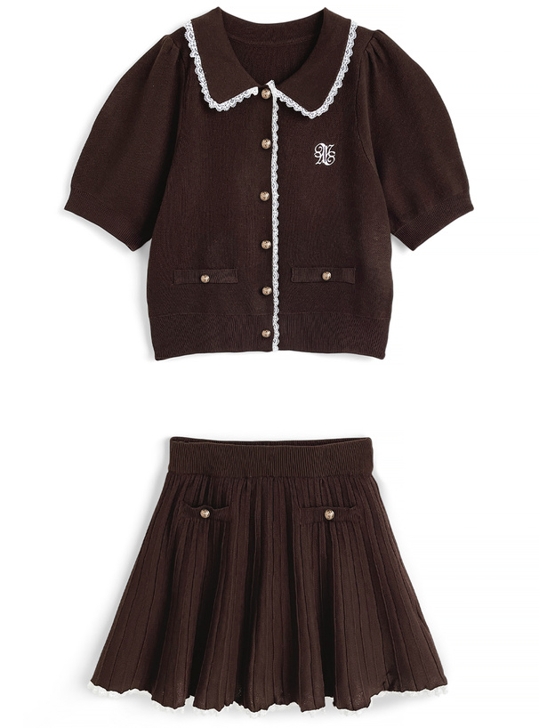 レーストップス×プリーツミニスカートニットセットアップ