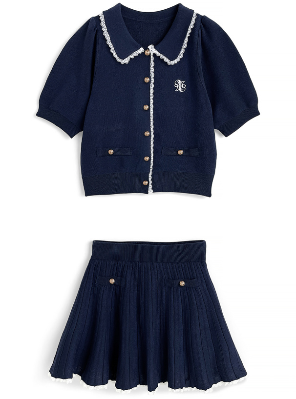 レーストップス×プリーツミニスカートニットセットアップ