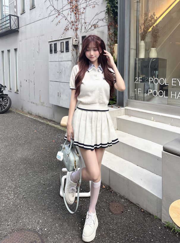 ポロニットトップス×プリーツミニスカートセットアップ[kz678