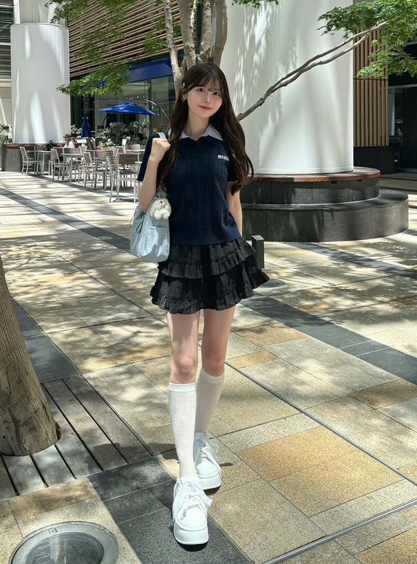 襟付きロゴ刺繍ケーブル編みポロニットトップス