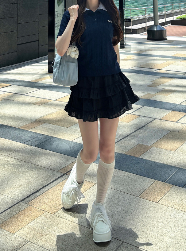 襟付きロゴ刺繍ケーブル編みポロニットトップス