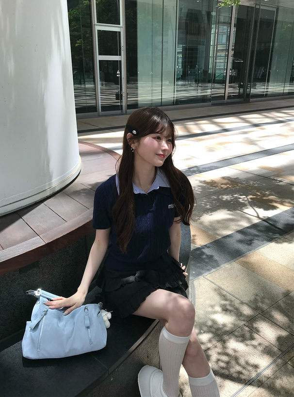 襟付きロゴ刺繍ケーブル編みポロニットトップス