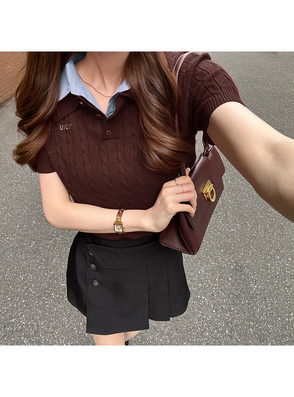 襟付きロゴ刺繍ケーブル編みポロニットトップス