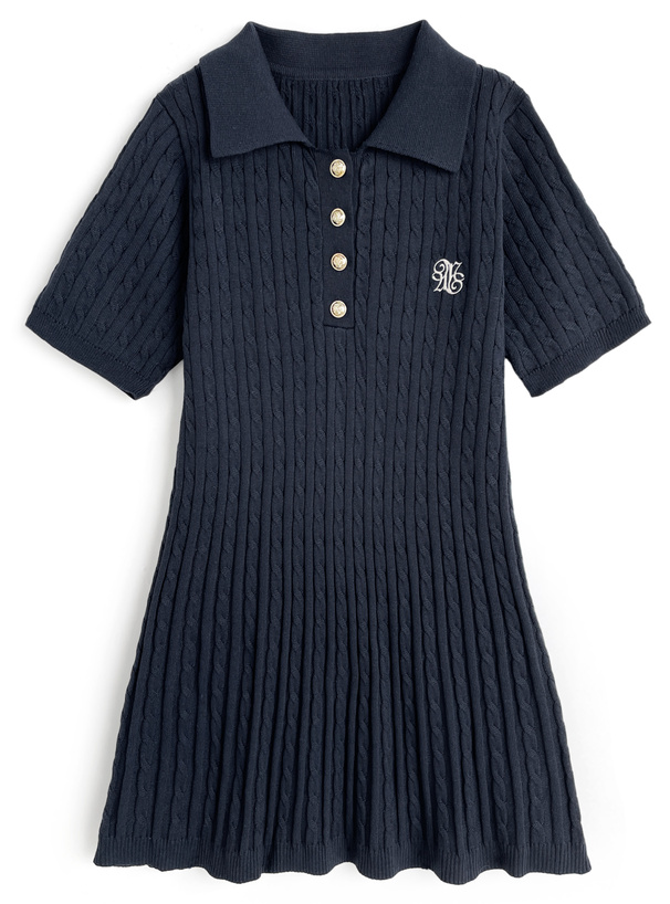 ケーブル編みロゴ刺繍ポロニットミニワンピース[kz684