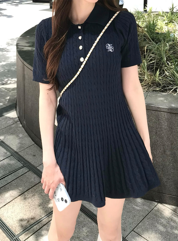 ケーブル編みロゴ刺繍ポロニットミニワンピース[kz684