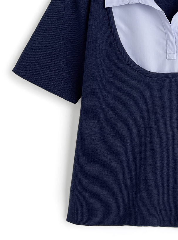 スキッパーシャツドッキング半袖ニットトップス[kz689] | レディース