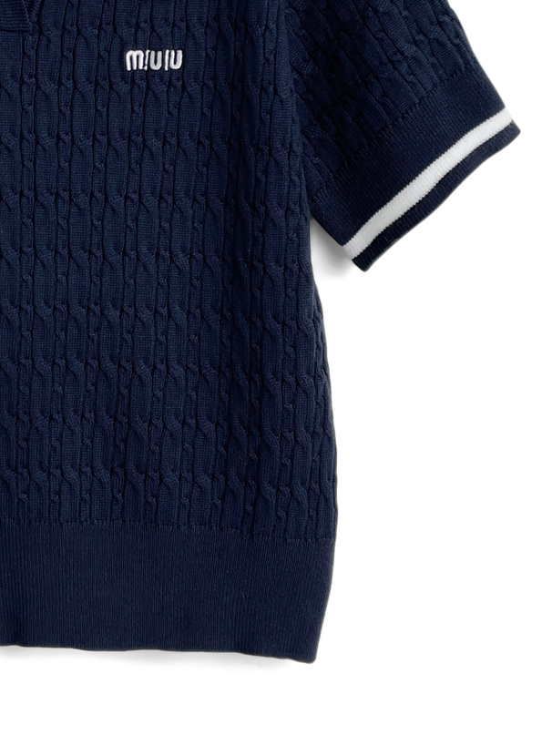 トップス k 配色ラインロゴ刺繍ケーブルニットポロトップス[kz693