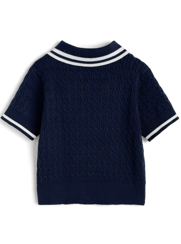 配色ラインロゴ刺繍ケーブルニットポロトップス[kz693
