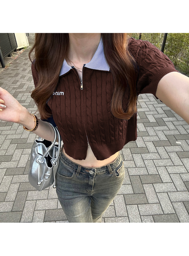 配色ダブルカラージップケーブル編みニットトップス[kz694