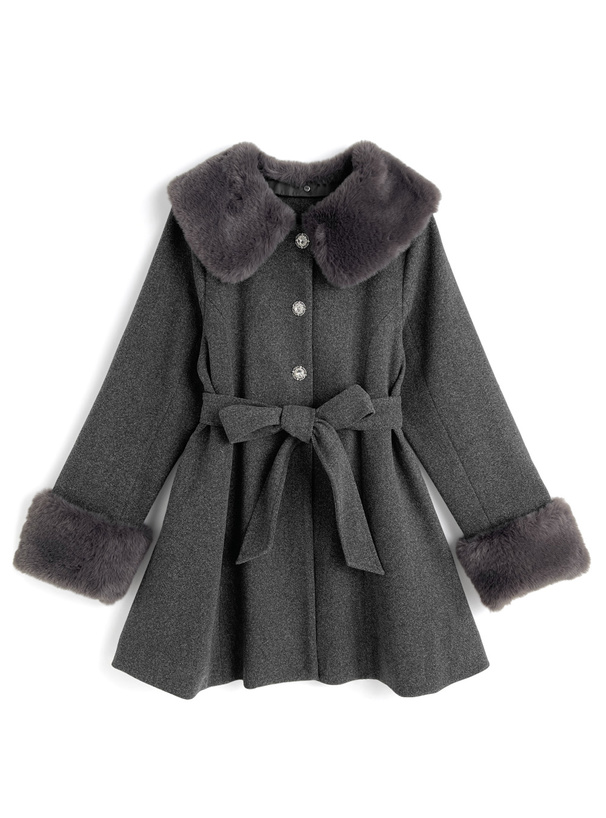 TRALALA ファー付リボンレースパールボタンコート ピンク×黒 平成 地雷系 ファーティペット&リボンベルト付きビジューボタンコート[kz697