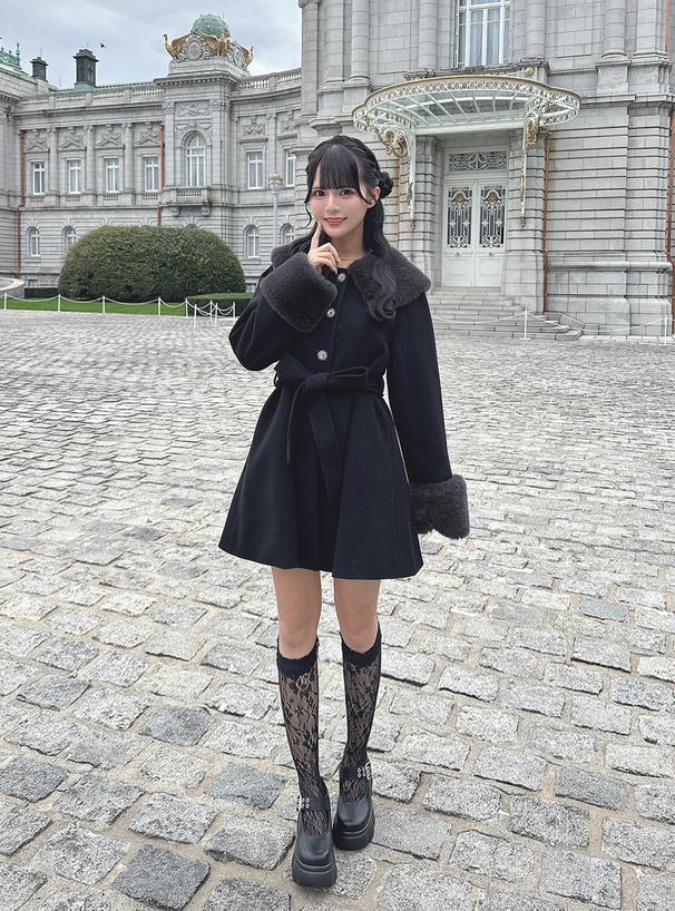 ファーティペット・リボンベルト付きビジューボタンコート[kz697