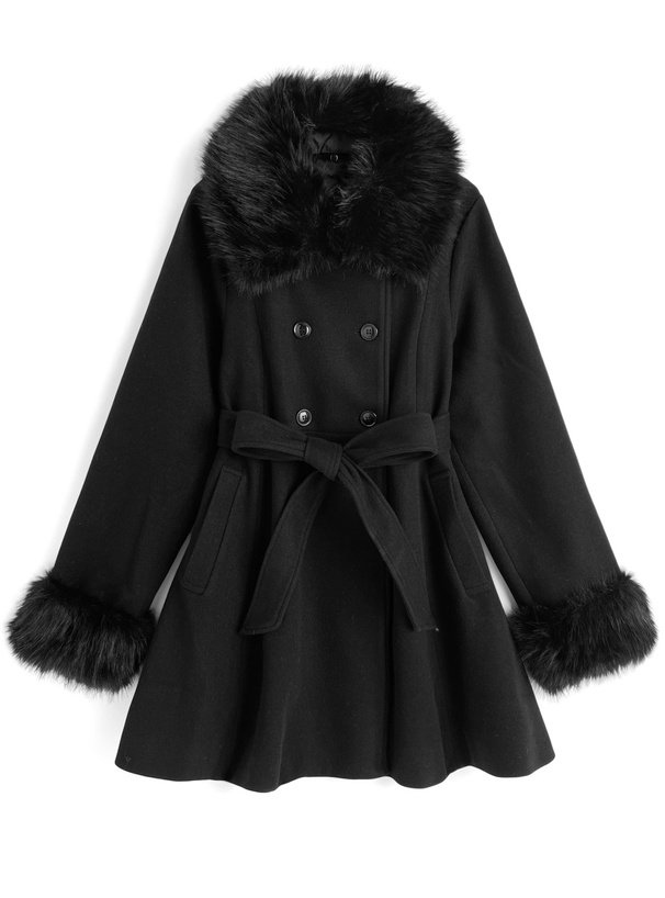 ファーティペット&リボンベルト付きフレアコート[kz699]