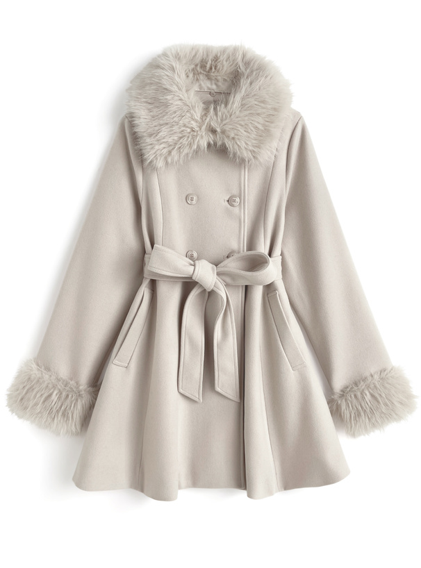 ファーティペット&リボンベルト付きフレアコート[kz699] | レディース