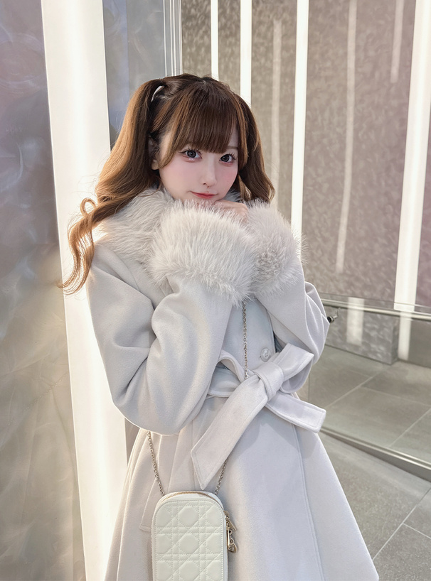 ファーティペット&リボンベルト付きフレアコート[kz699] | レディース