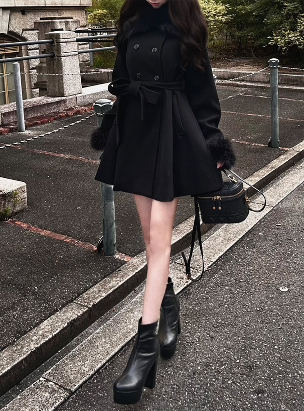 ファーティペット&リボンベルト付きフレアコート[kz699] | レディース