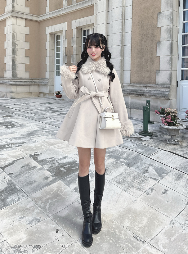 ファーティペット&リボンベルト付きフレアコート[kz699] | レディース