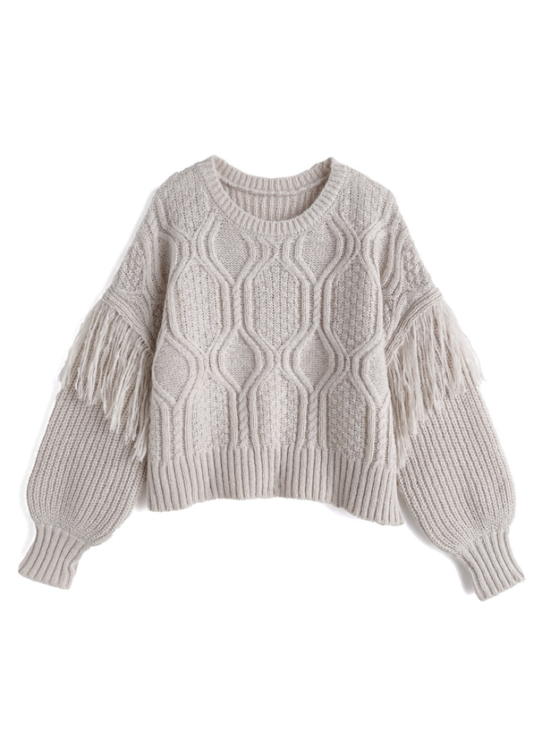 フリンジケーブル編みラウンドネックニットトップス[kz704