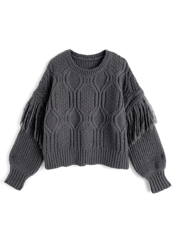 フリンジケーブル編みラウンドネックニットトップス[kz704