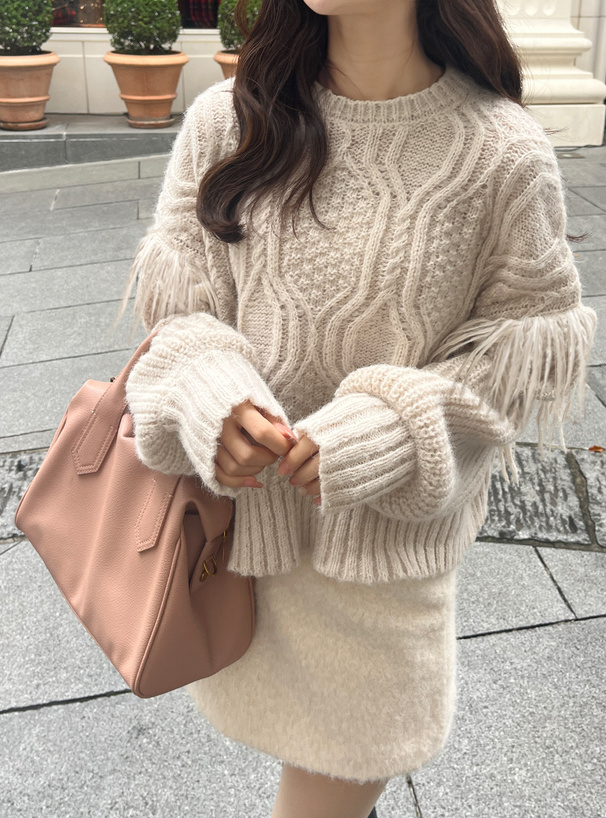 フリンジケーブル編みラウンドネックニットトップス[kz704