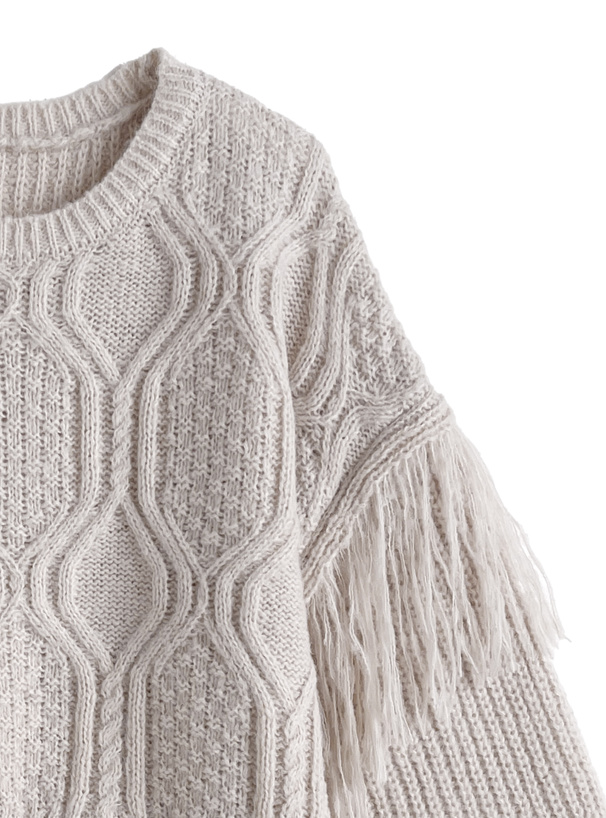 フリンジケーブル編みラウンドネックニットトップス