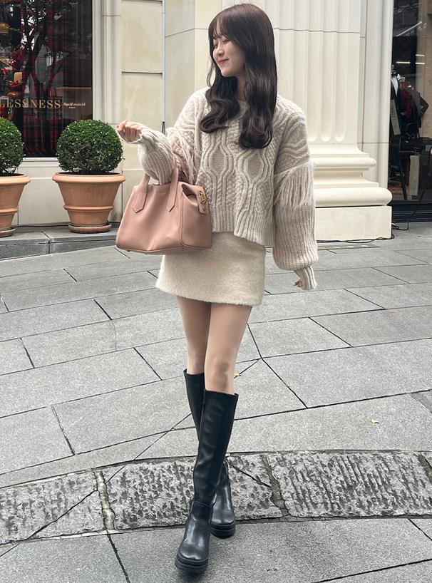 フリンジケーブル編みラウンドネックニットトップス[kz704