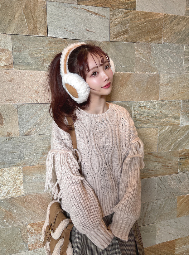 フリンジケーブル編みラウンドネックニットトップス[kz704