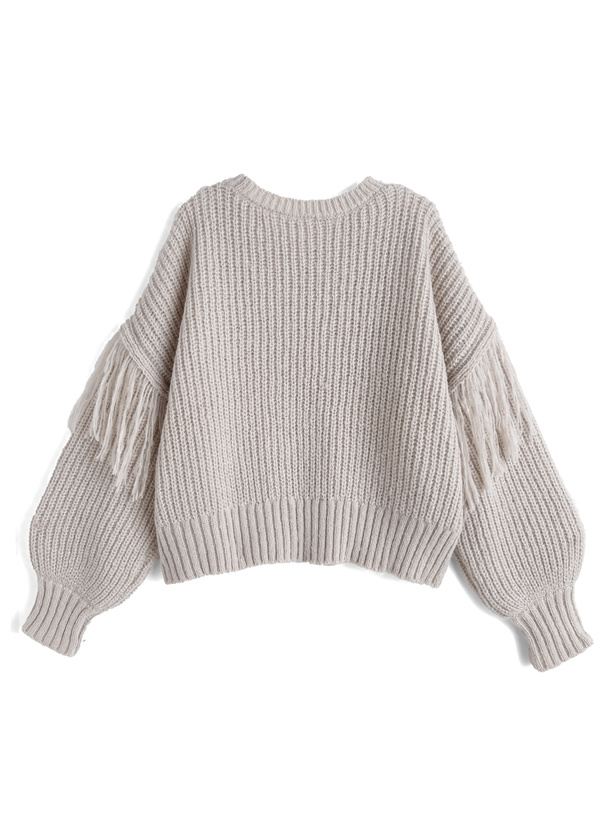 フリンジケーブル編みラウンドネックニットトップス