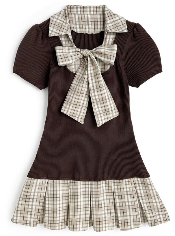 3Wayボウタイ&リボン付きチェック柄ドッキングニットワンピース[kz705]
