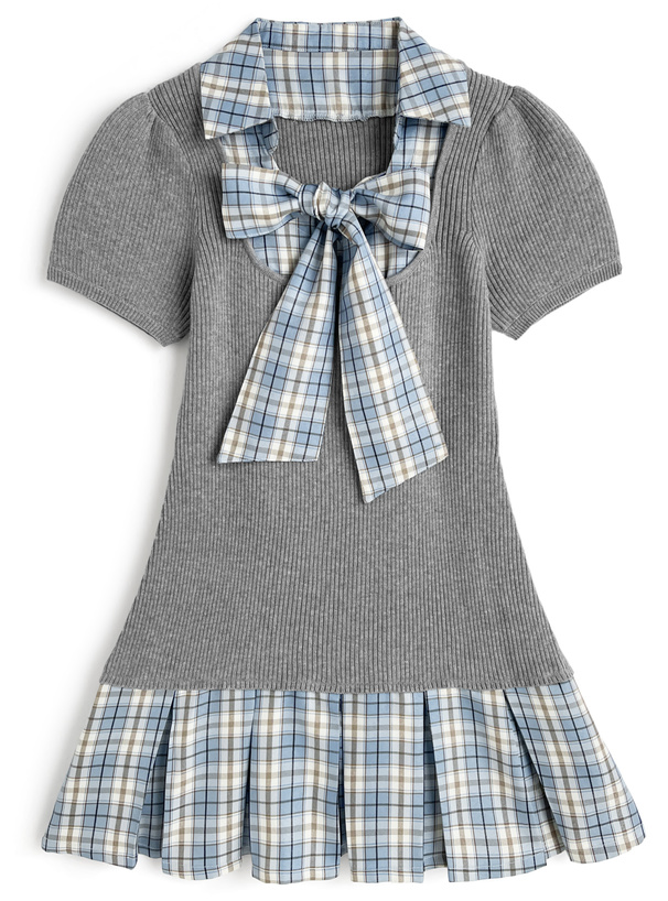 3Wayボウタイ&リボン付きチェック柄ドッキングニットワンピース[kz705