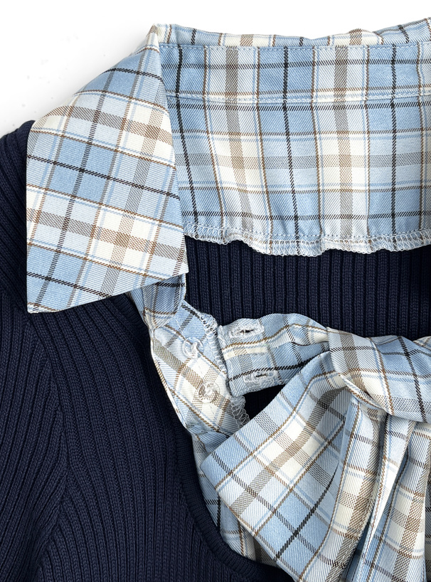 3Wayボウタイ&リボン付きチェック柄ドッキングニットワンピース[kz705