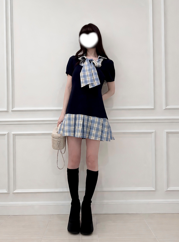 3Wayボウタイ・リボン付きチェック柄ドッキングニットワンピース