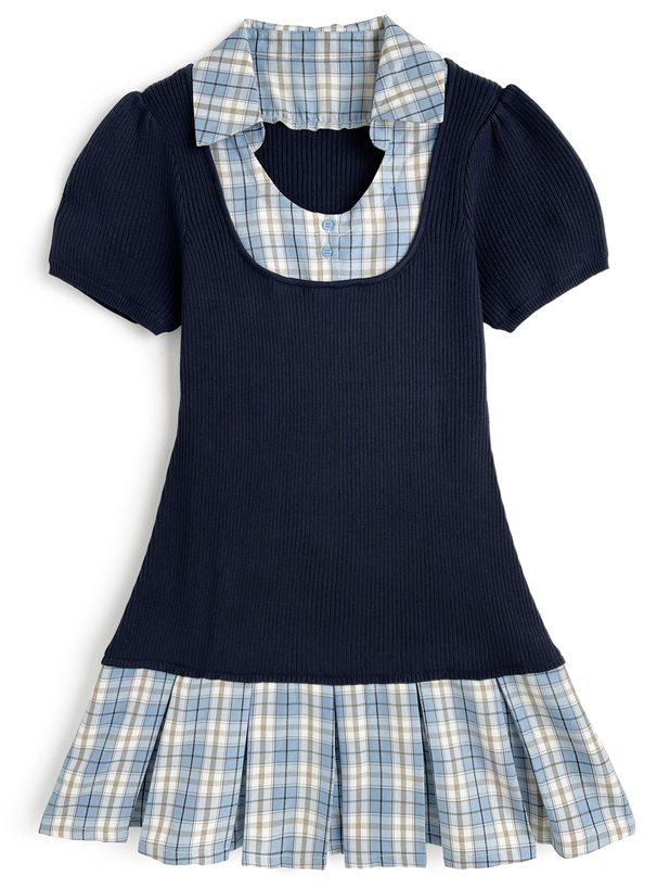 3Wayボウタイ・リボン付きチェック柄ドッキングニットワンピース