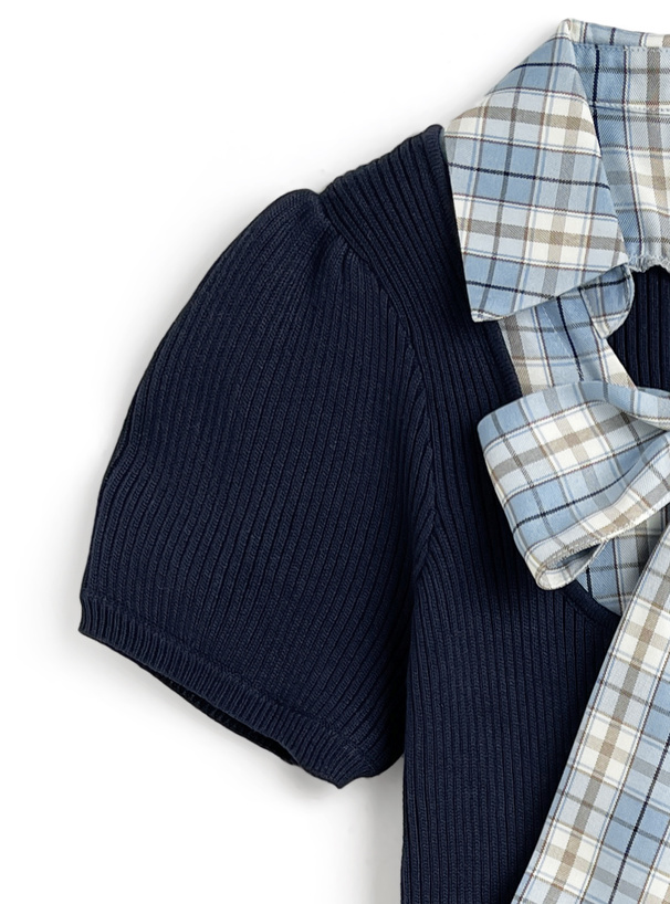 3Wayボウタイ・リボン付きチェック柄ドッキングニットワンピース