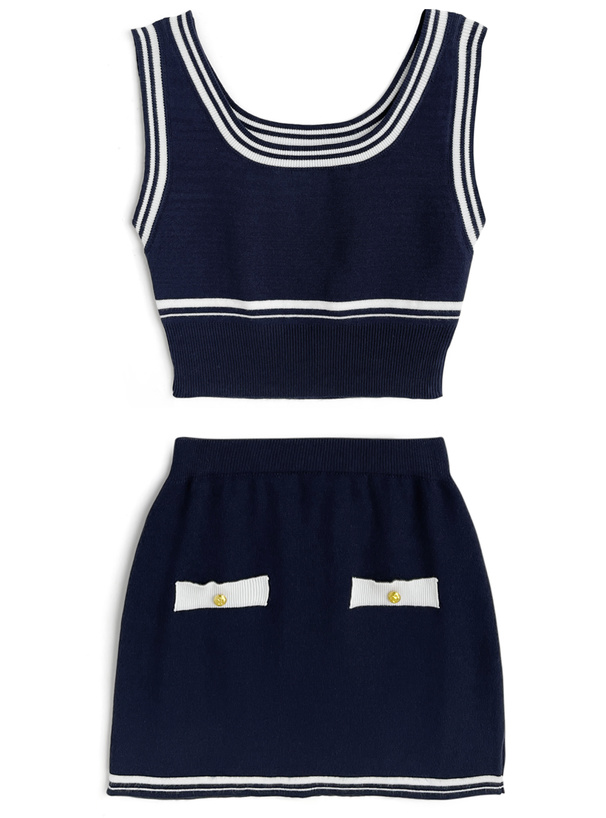 ネクタイ付きシャツ×ニットベスト×タイトスカートセットアップ