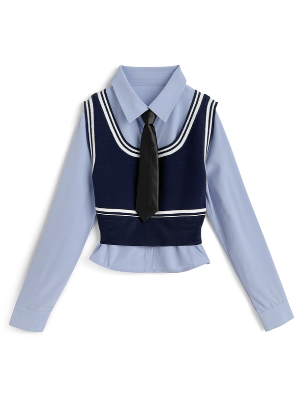 ネクタイ付きシャツ×ニットベスト×タイトスカートセットアップ