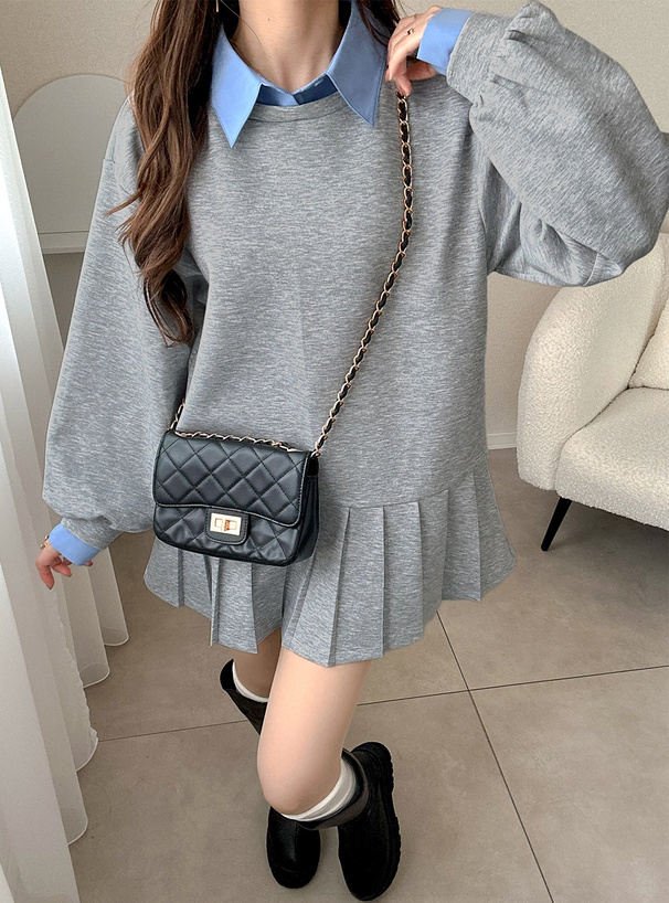 襟付きシャツレイヤード風プリーツワンピース[kz707] | レディース