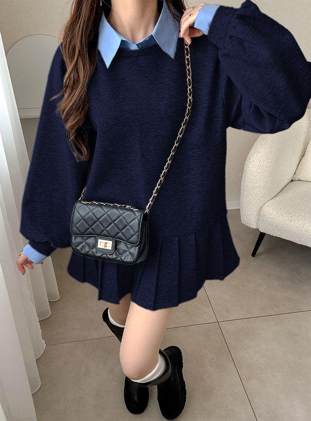 襟付きシャツレイヤード風プリーツワンピース[kz707] | レディース