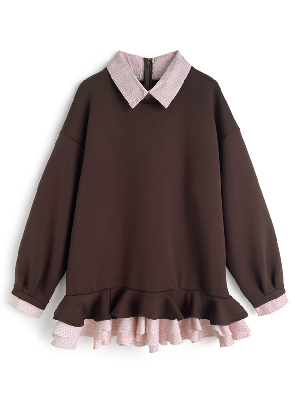 ストライプ柄シャツレイヤード風フリルワンピース