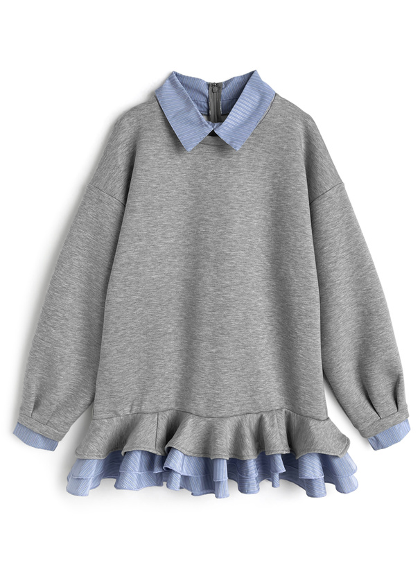 ストライプ柄シャツレイヤード風フリルワンピース