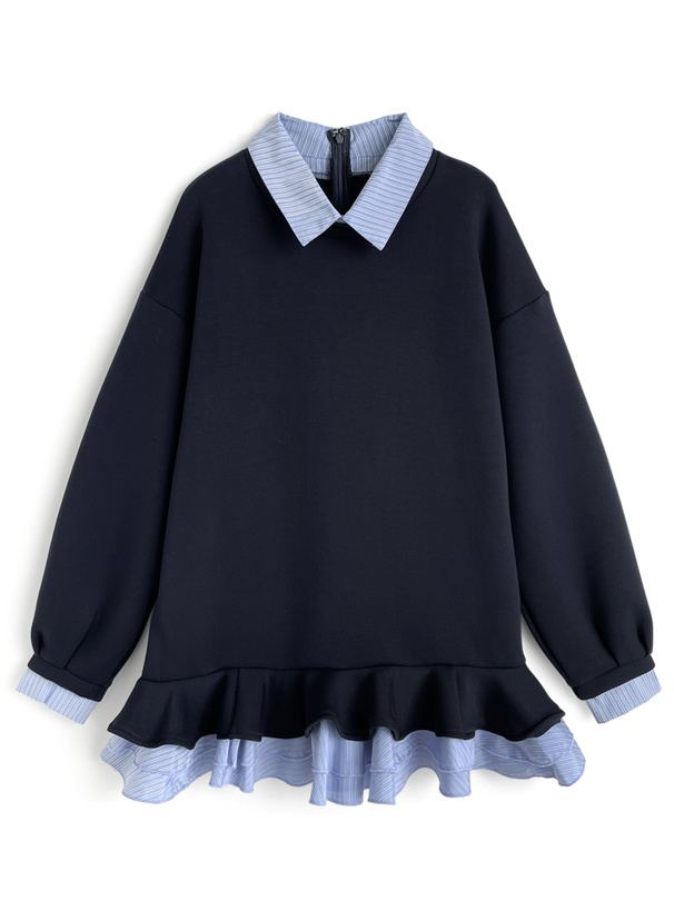 ストライプ柄シャツレイヤード風フリルワンピース