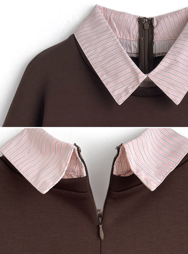 ストライプ柄シャツレイヤード風フリルワンピース