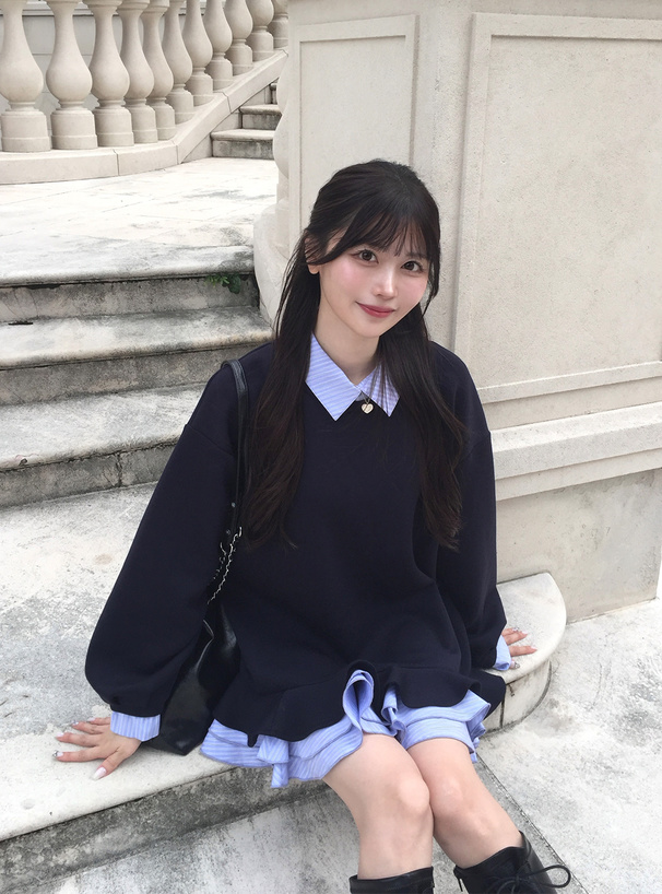 ストライプ柄シャツレイヤード風フリルワンピース