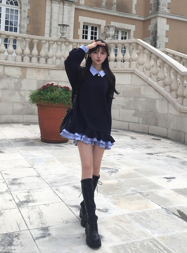 ストライプ柄シャツレイヤード風フリルワンピース