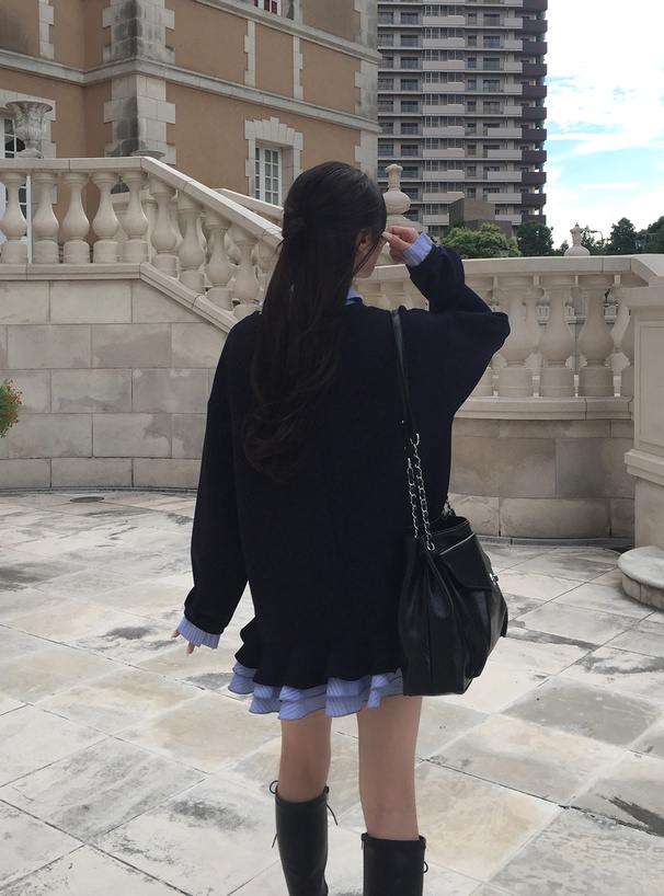 ストライプ柄シャツレイヤード風フリルワンピース