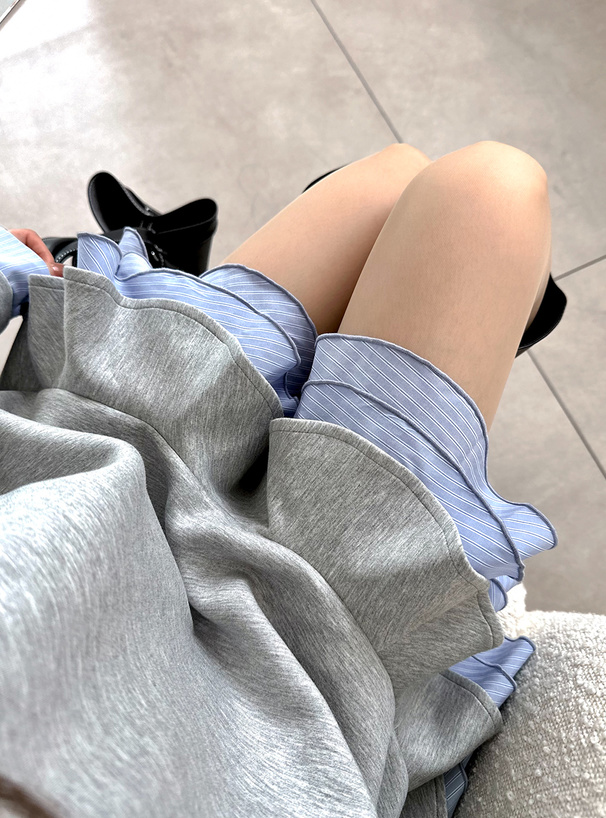 ストライプ柄シャツレイヤード風フリルワンピース