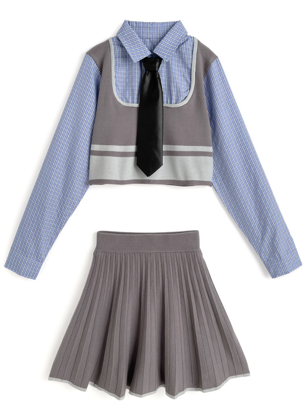 ネクタイ付きベストドッキングチェック柄シャツ×プリーツスカート