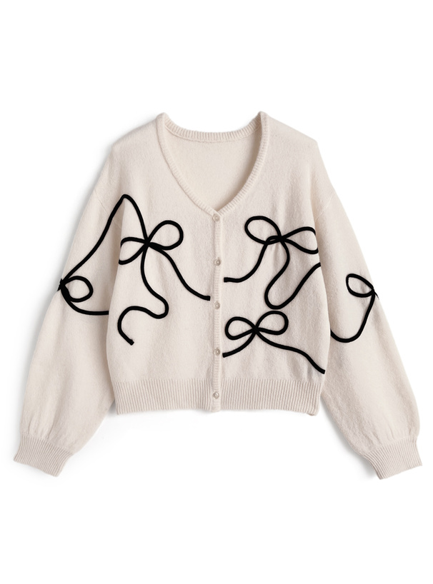 リボンライン刺繍ニットカーディガン